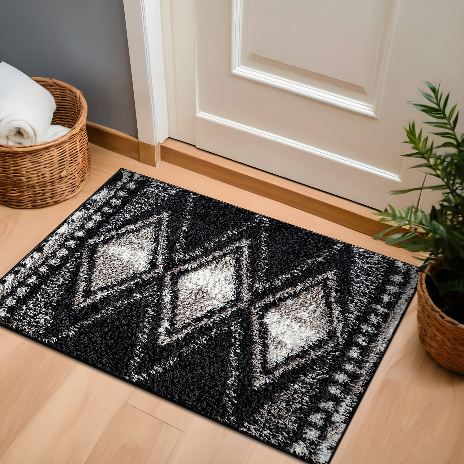 Rugshop Shag Rug Geometric Grid Living Room Rugs Bedroom Carpet Entryway D.Gray
