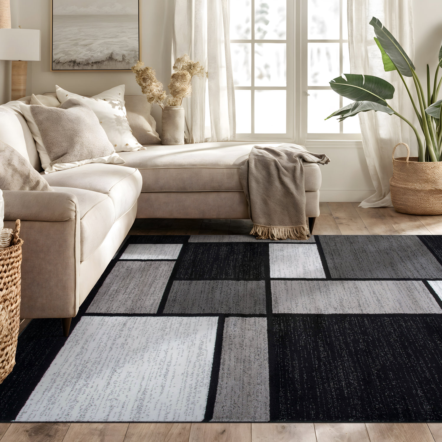Rugshop Area Rug Contemporary Modern Boxed Color Block Rugs for Living ...