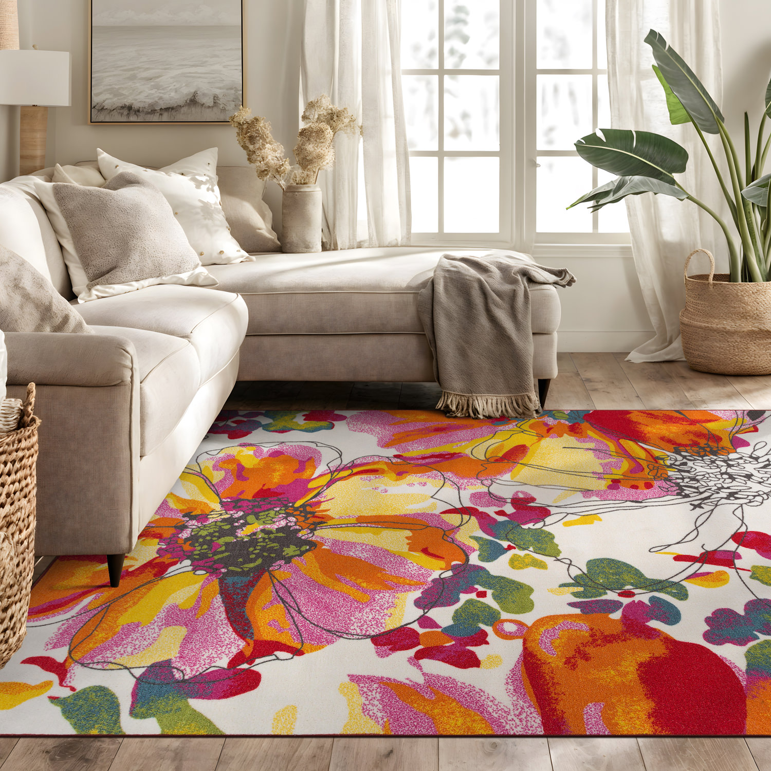 Rugshop Area Rug Modern Bright Flowers Non-Slip Multicolored Living Room Rug 6×9