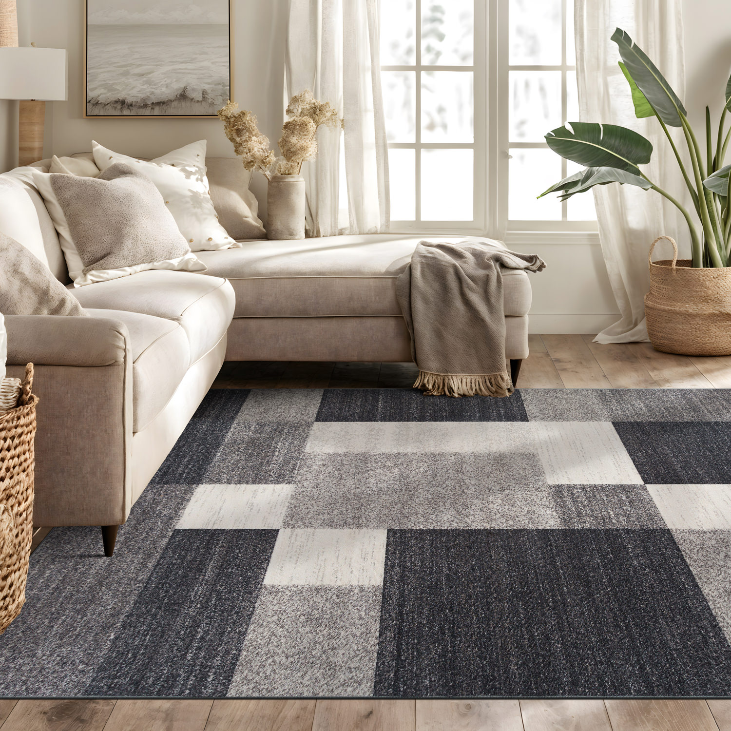 Rugshop Gray Area Rug Modern Boxes Design Non-slip Bedroom Rugs Living ...