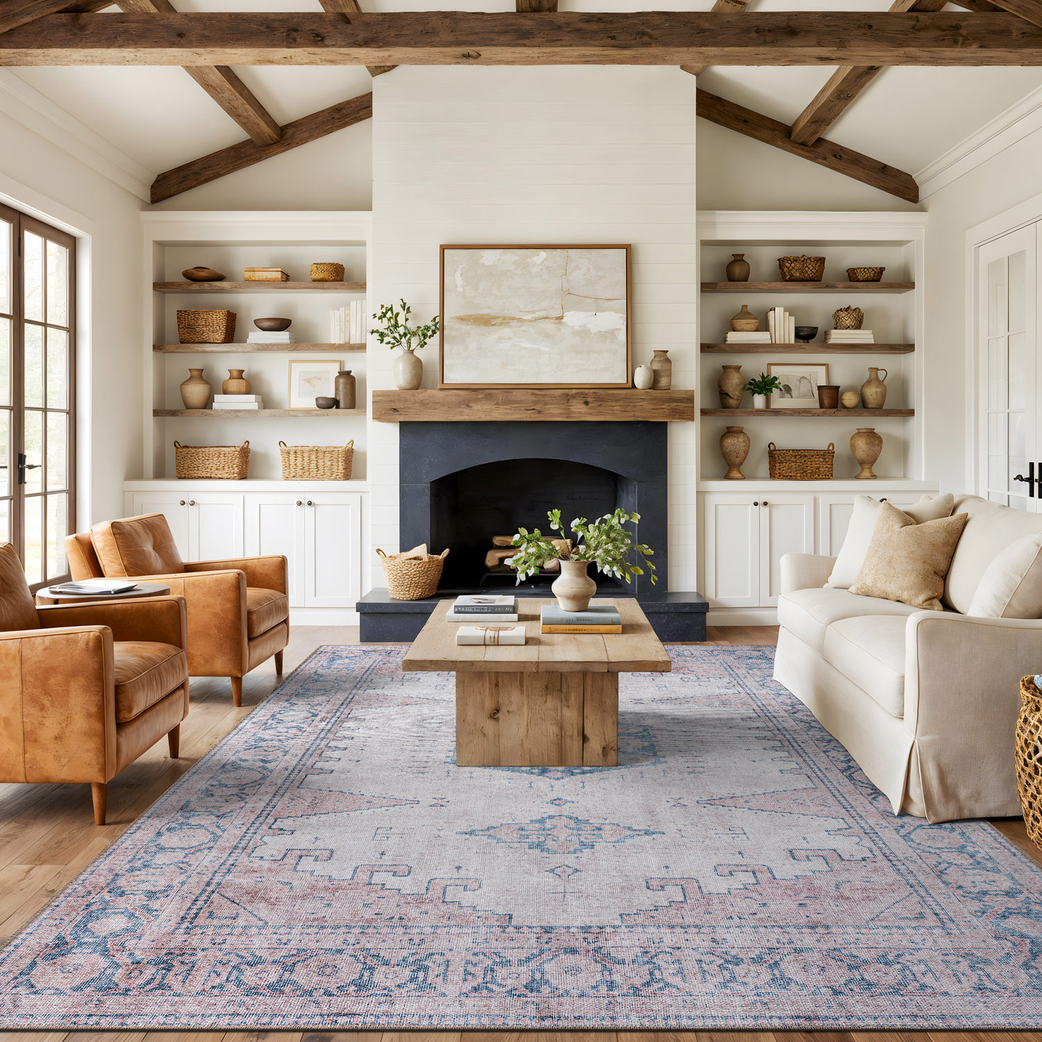 Rugshop Area Rug Vintage Bohemian Machine Washable Non-Slip Rugs Bedroom Rugs