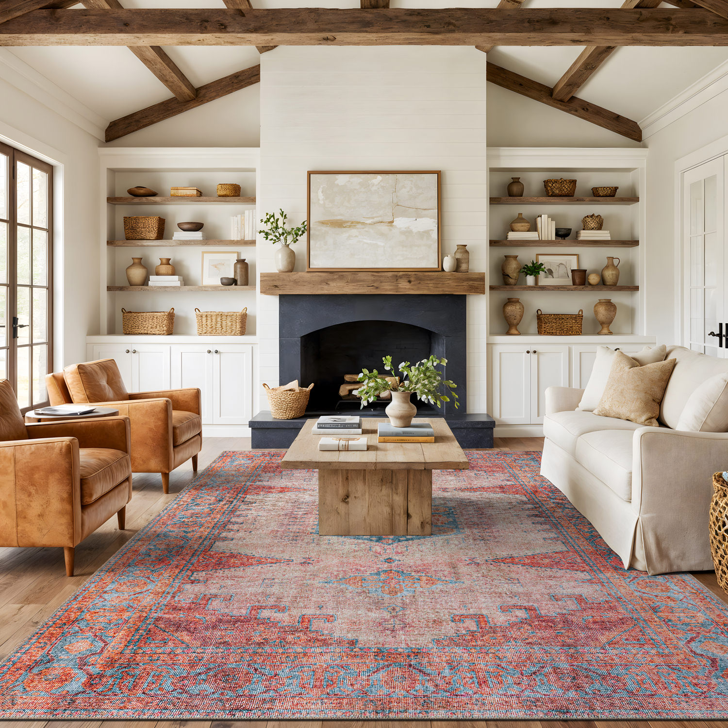 Rugshop Carpet for Living Room Vintage Bohemian Machine Washable Non-Slip Rugs