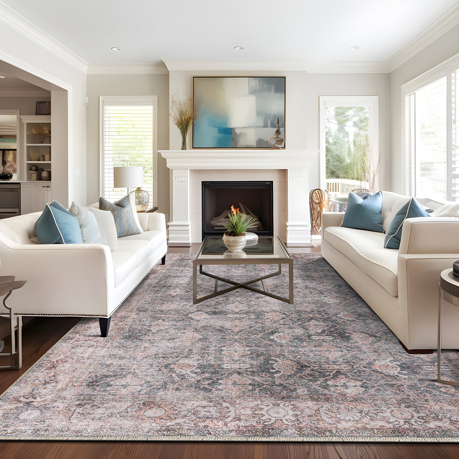 Rugshop Area Rug Vintage Inspired Bordered Machine Washable Rugs Living Room Rug