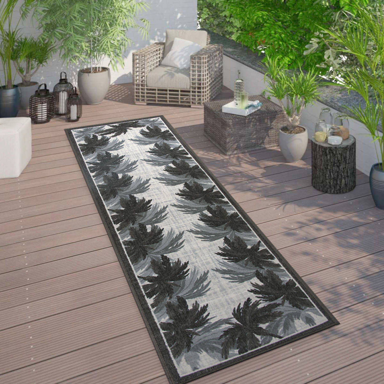Rugshop Grey Outdoor Rug Tropical Floral Border Flatweave Indoor Outdoor Carpet - Picture 3 of 33