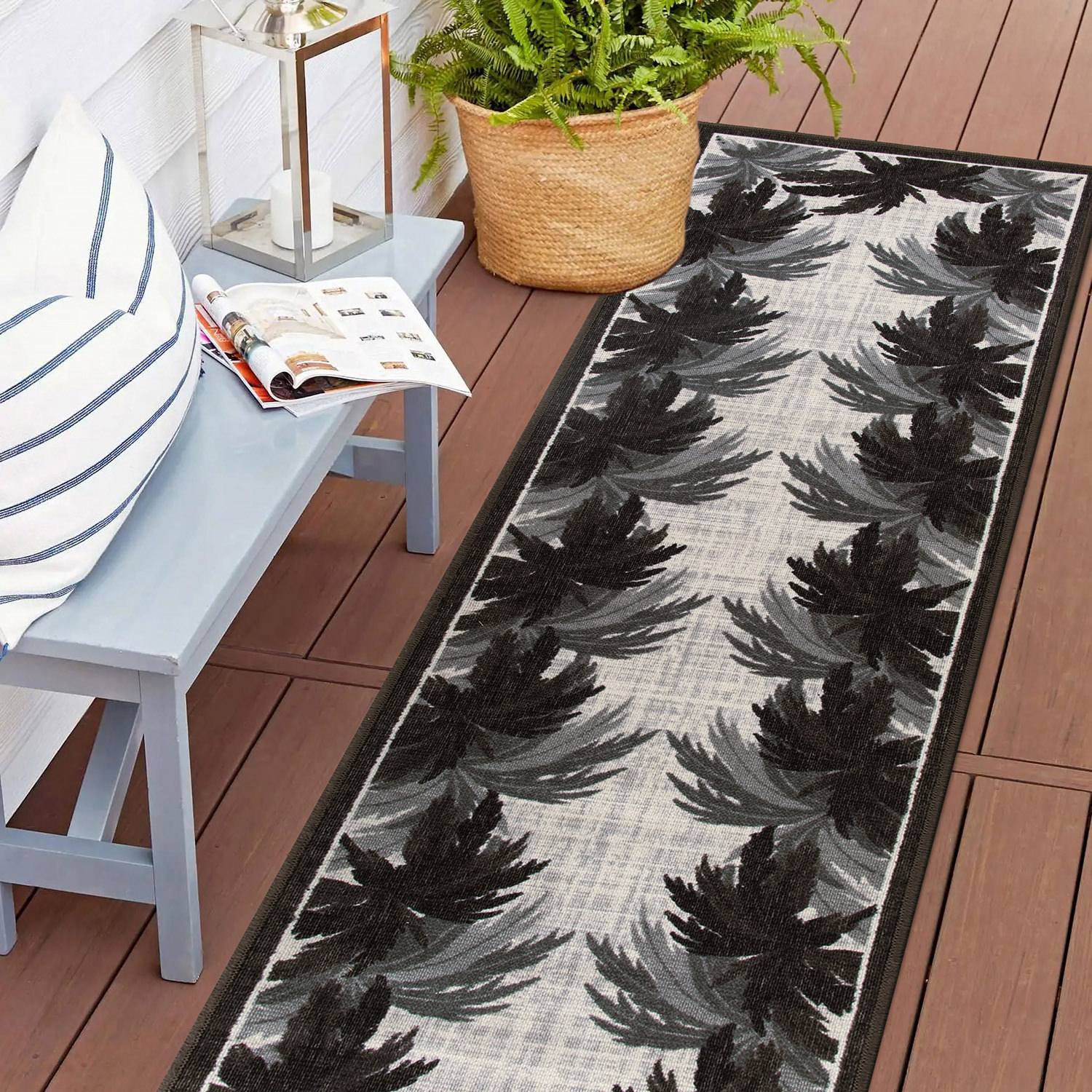 Rugshop Grey Outdoor Rug Tropical Floral Border Flatweave Indoor Outdoor Carpet - Picture 11 of 33