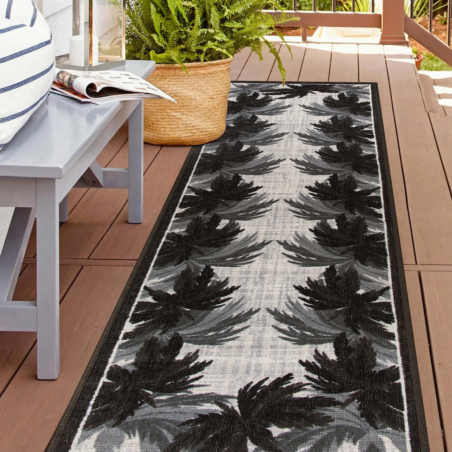 Rugshop Grey Outdoor Rug Tropical Floral Border Flatweave Indoor Outdoor Carpet - Picture 12 of 33