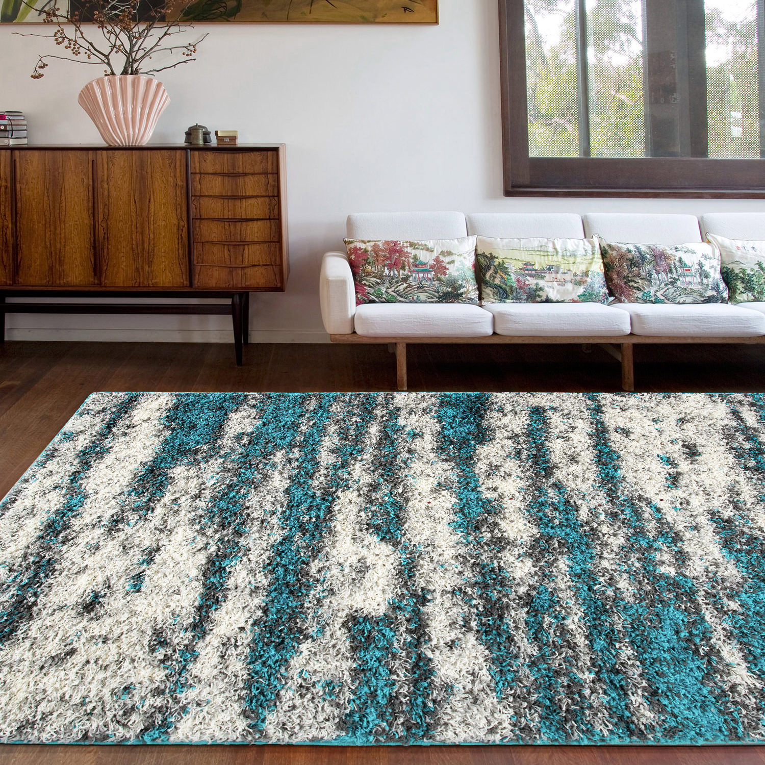 Rugs for Living Room Modern Abstract Design Plush Shag Rug Bedroom Turquoise Rug - Picture 24 of 37