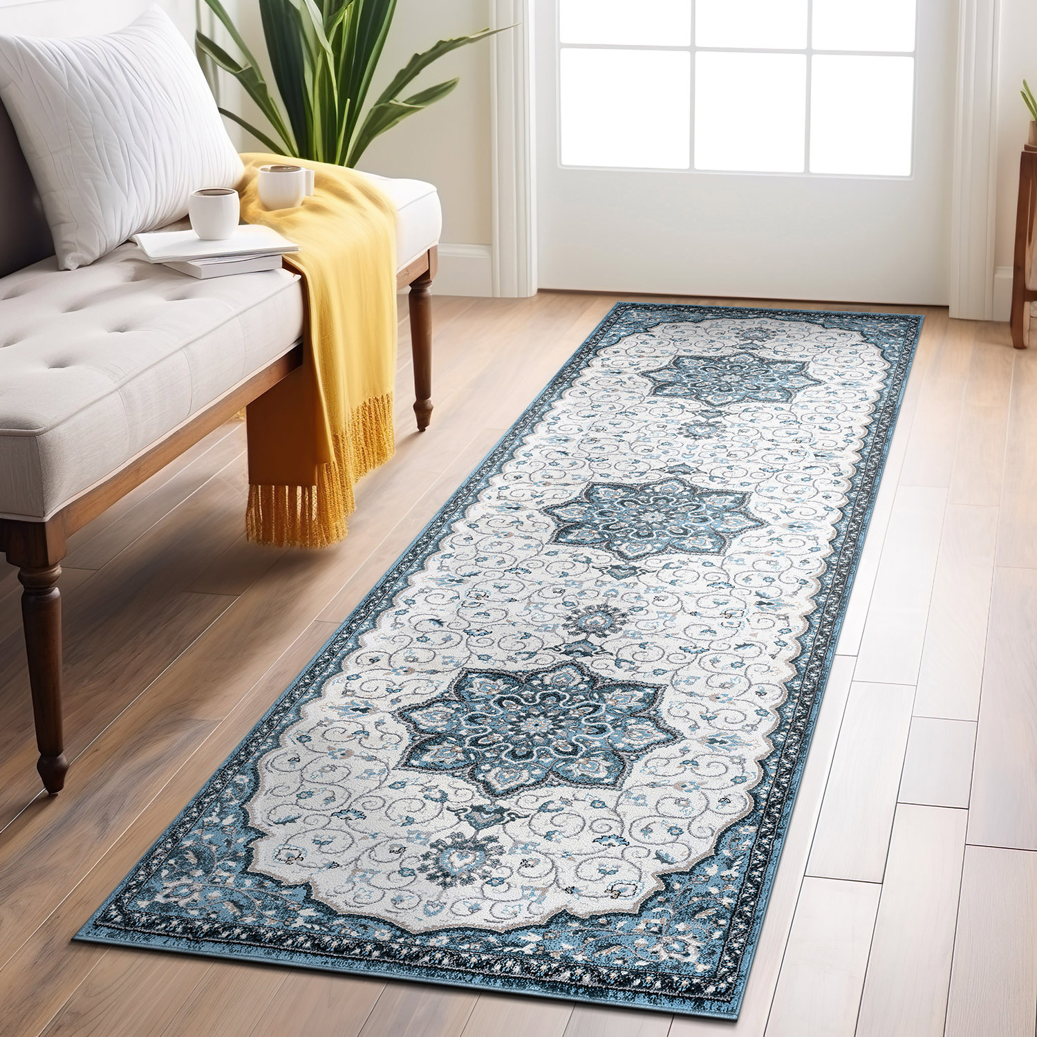 GlowSol 5' x 8' Area Rug, Traditional Oriental Medallion Distressed Design, Non-Shedding & Easy Care, Runner Carpet Ideal for Indoor Entrance, Bedroom, Living Room, Kitchen, Navy Blue & Orange