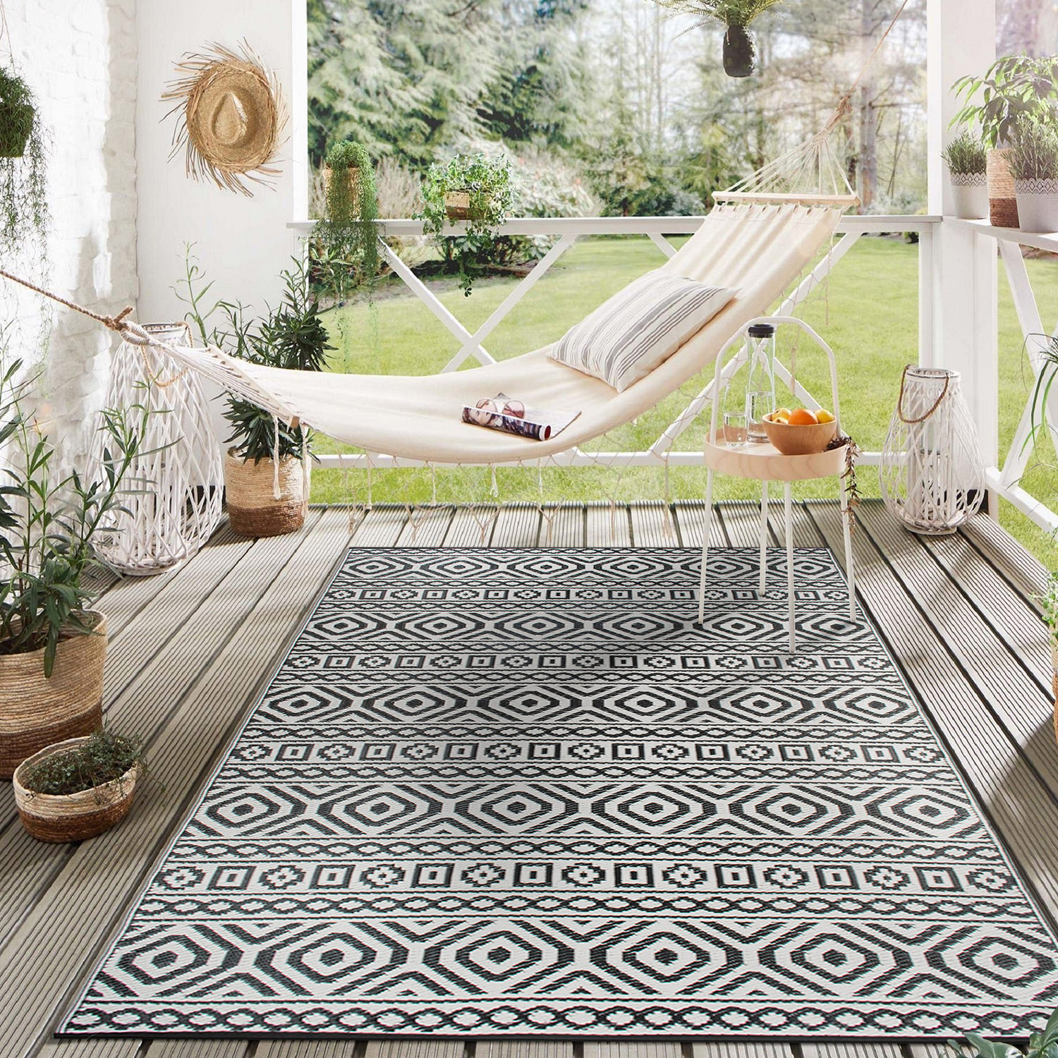 Rugshop Indoor Outdoor Rugs 8X10 Geometric Reversible Plastic Black Patio Rugs - Picture 9 of 32