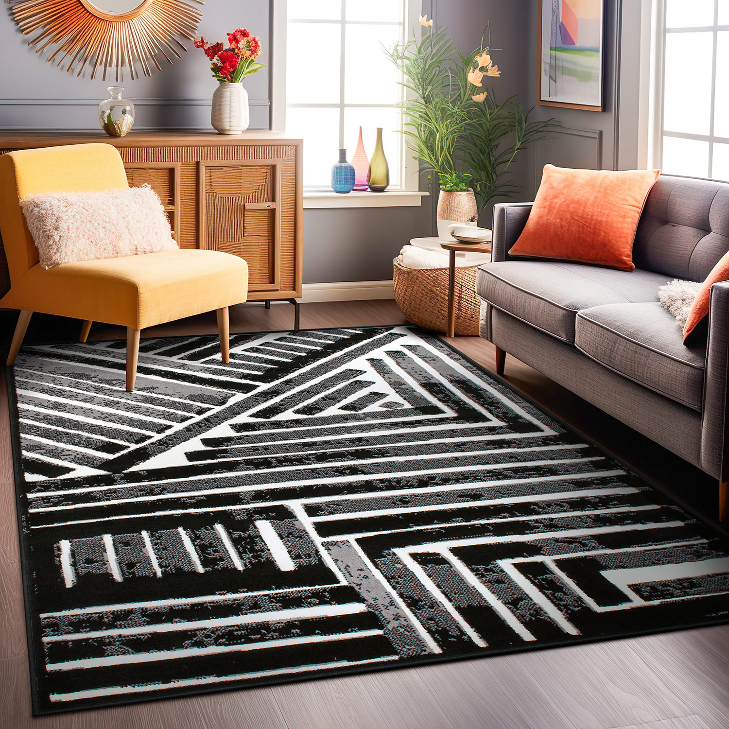 Rugshop Area Carpets Contemporary Stripe Design Area Rug Living Room Rugs Black - Picture 14 of 33