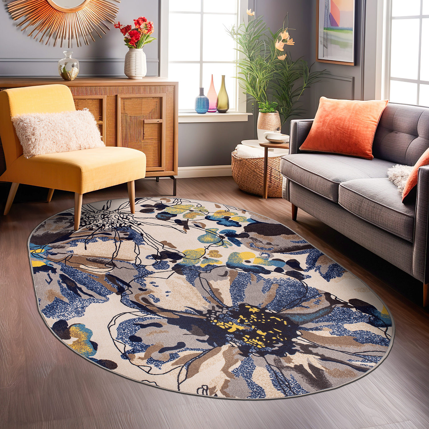 Rugshop Area Rug Modern Bright Flowers Non-Slip Dining Room Rug Living Room Rugs - Picture 101 of 288