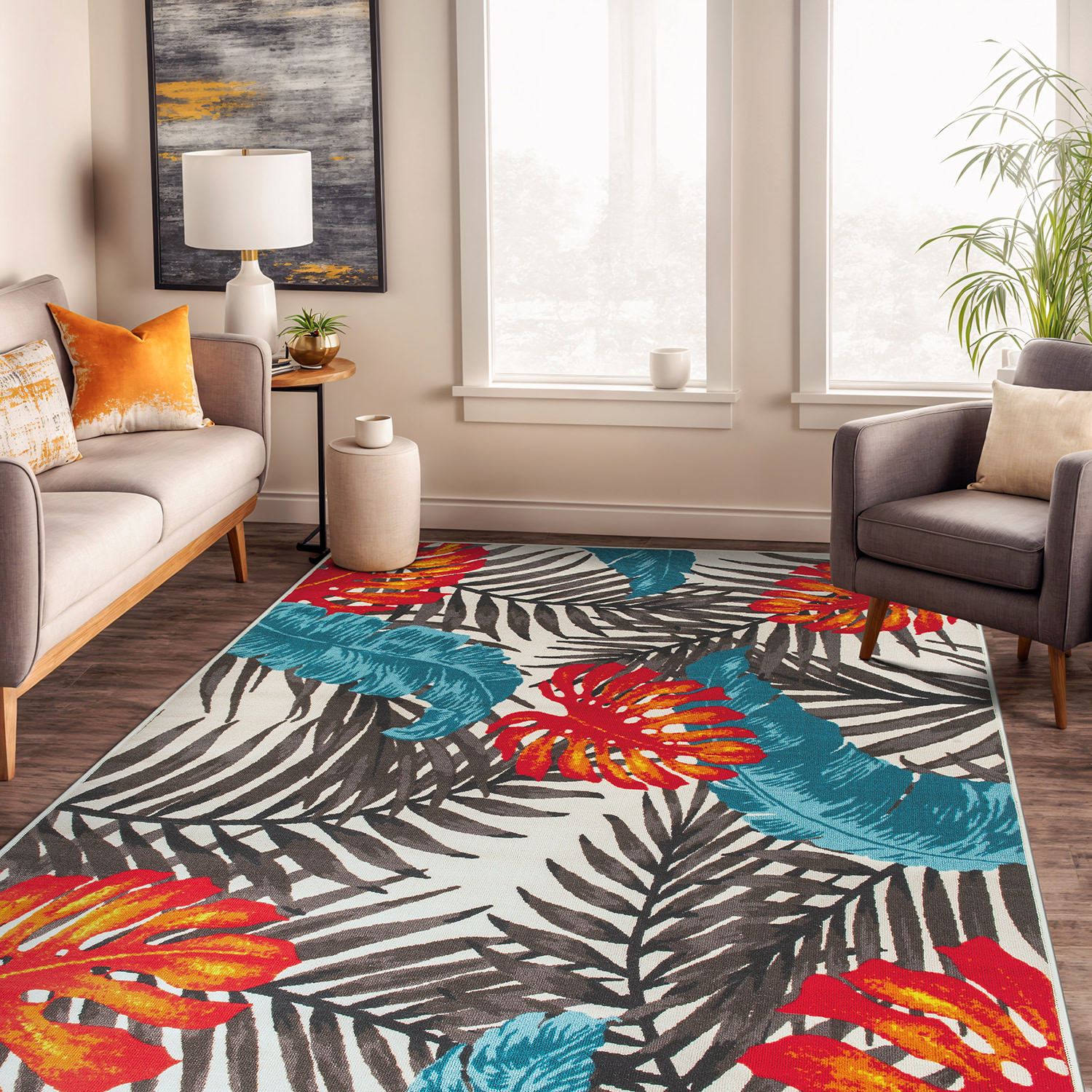 Rugshop Area Carpets Tropical Floral Leaves Non Slip Rug Living Room Rugs Multi