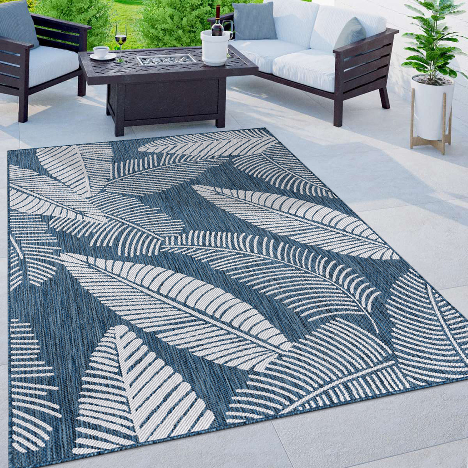 Rugshop Out Door Rugs Distressed Palm Leave Textured Indoor Outdoor Carpet Navy