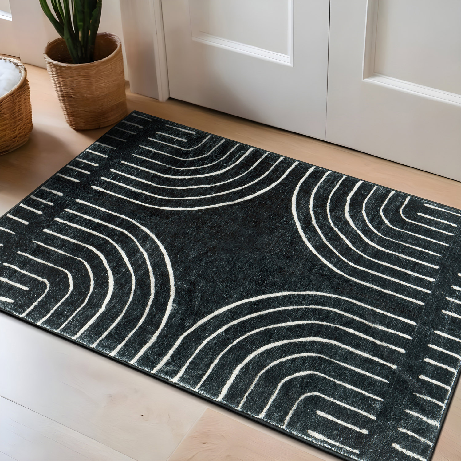 Rugshop Rugs for Living Room Bohemian Lines Washable Non Slip Area Rug Black Rug