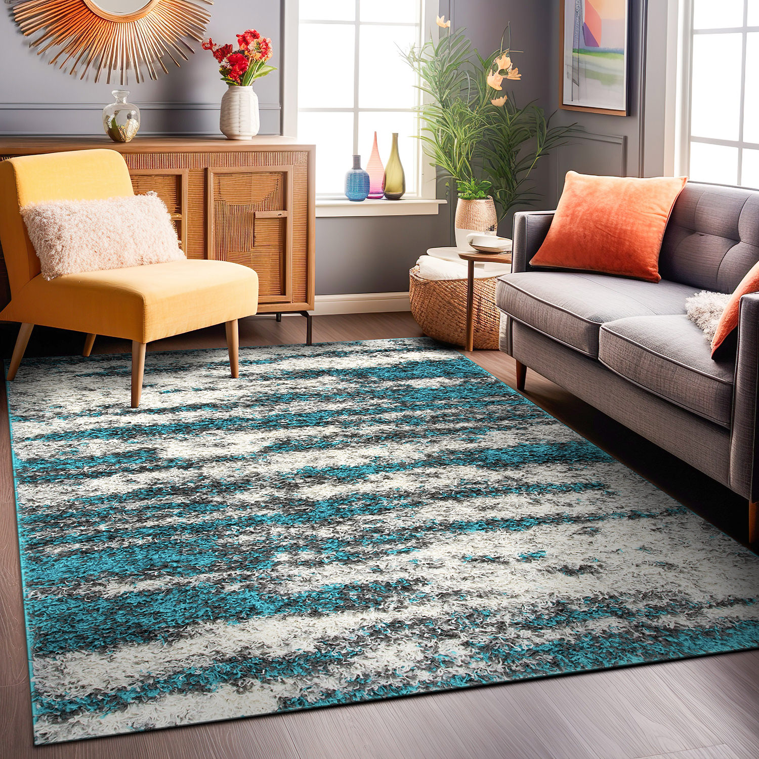 Rugs for Living Room Modern Abstract Design Plush Shag Rug Bedroom Turquoise Rug - Picture 18 of 37