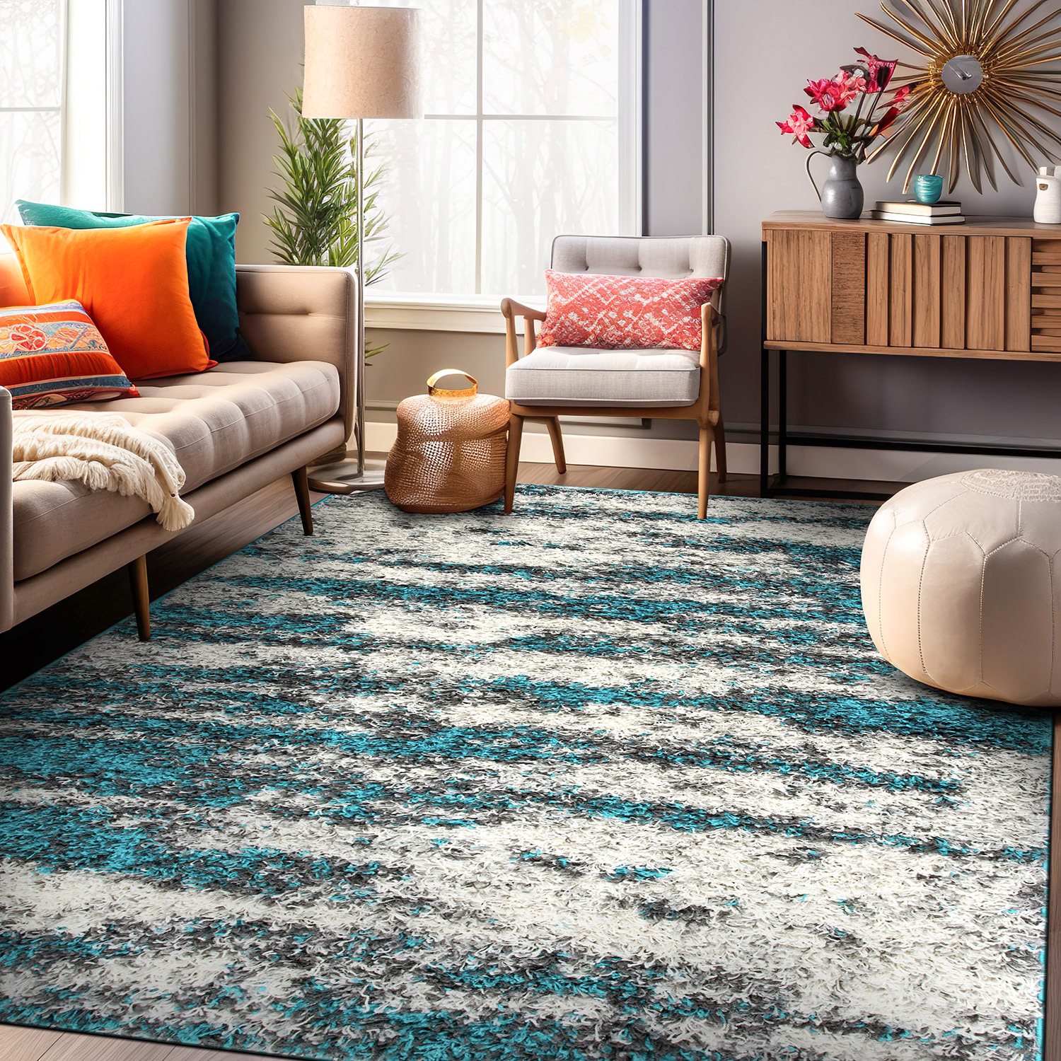 Rugs for Living Room Modern Abstract Design Plush Shag Rug Bedroom Turquoise Rug - Picture 23 of 37
