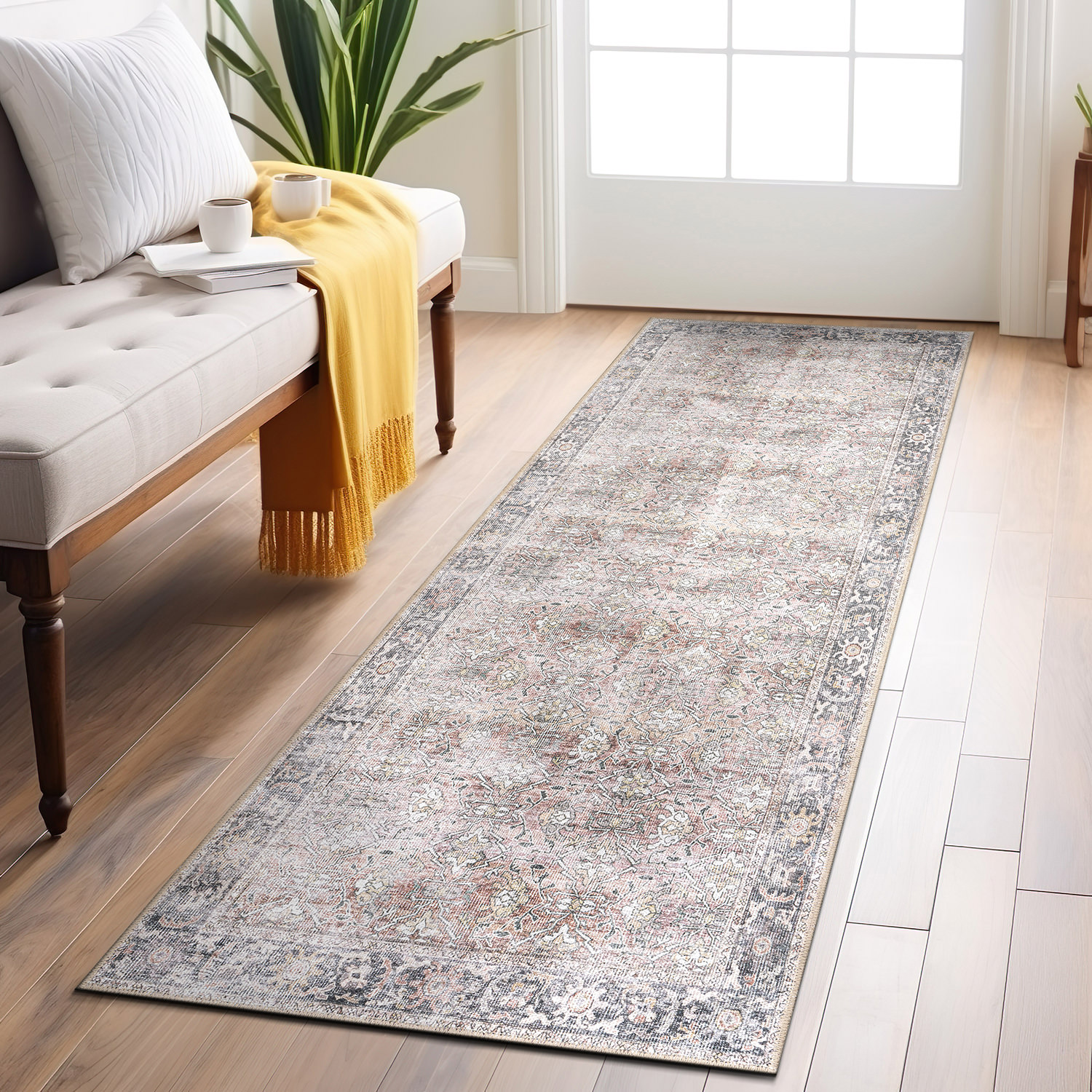 Rugshop Rugs for Living Room Vintage Distressed Machine Washable Non Slip Rugs