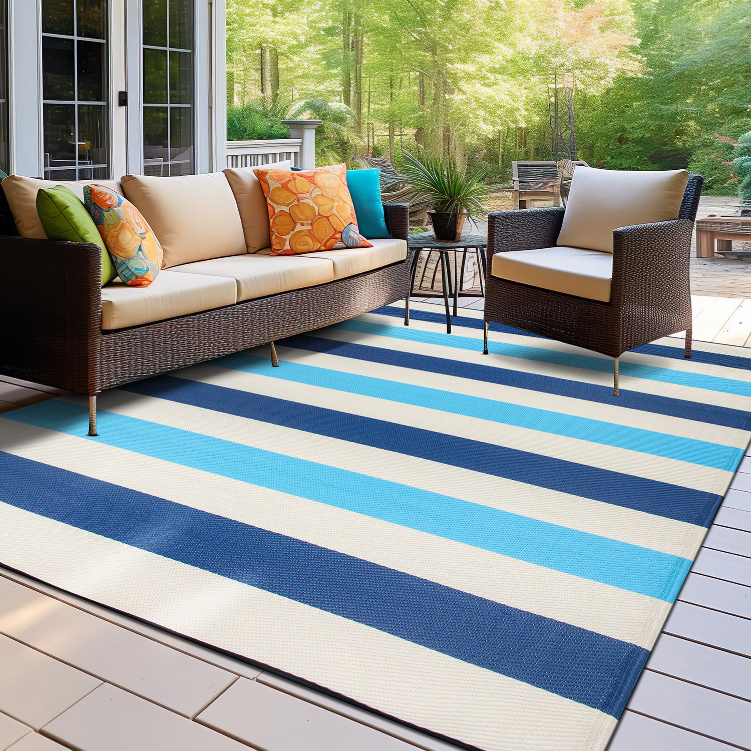 Rugshop Outdoor Carpet Modern Stripe Reversible Recycled Plastic Rug Patio Rugs - Picture 9 of 65