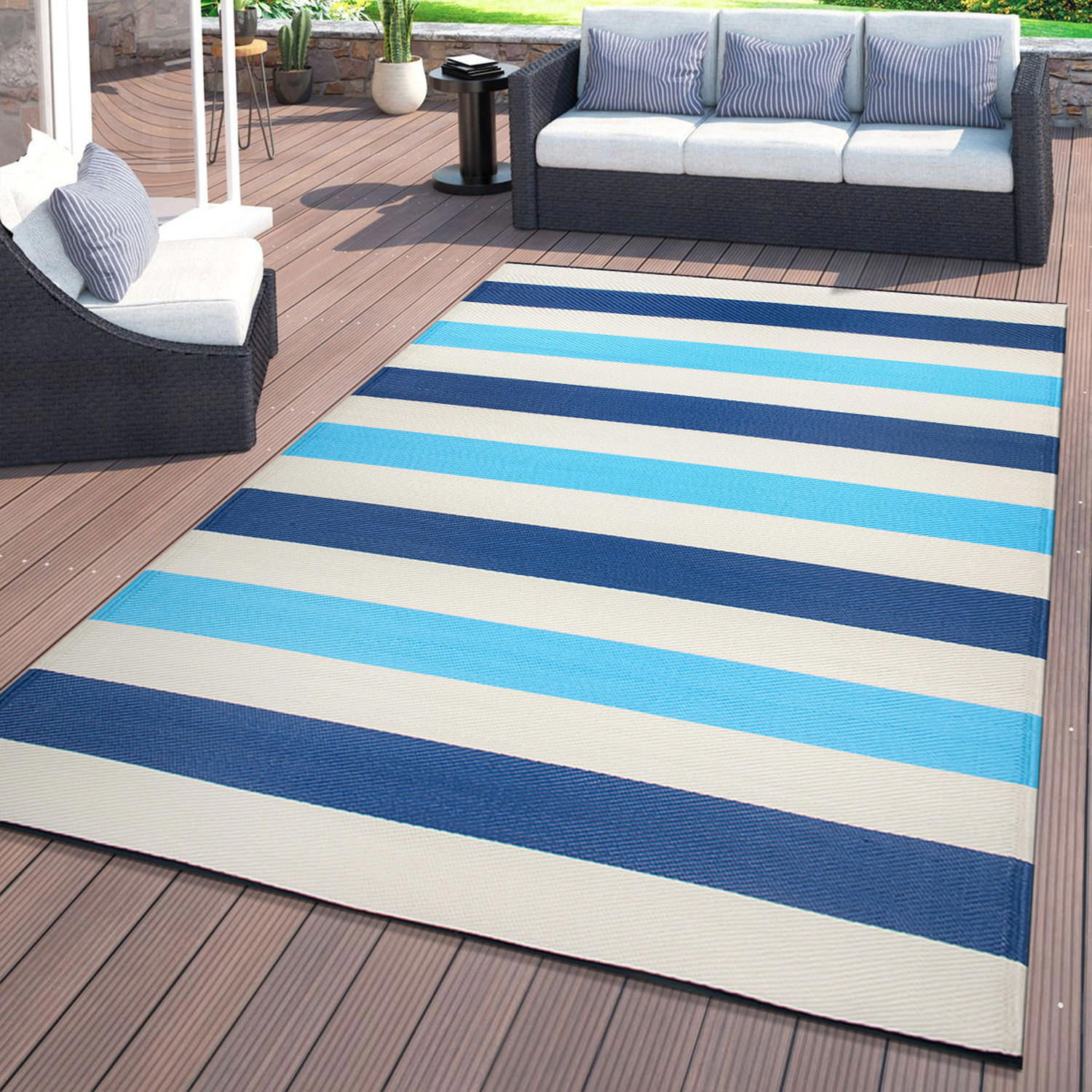 Rugshop Outdoor Carpet Modern Stripe Reversible Recycled Plastic Rug Patio Rugs - Picture 11 of 65