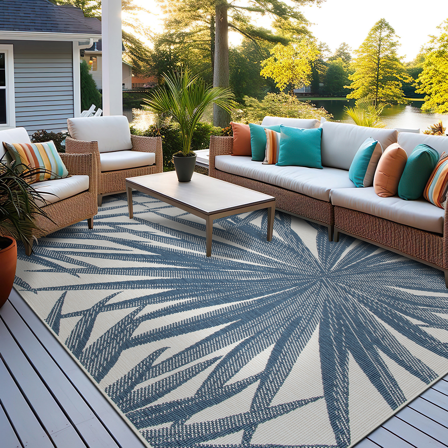 Rugshop Out Door Rugs Tropical Leaves Reversible Indoor Outdoor Carpet Blue Rugs - Picture 19 of 30