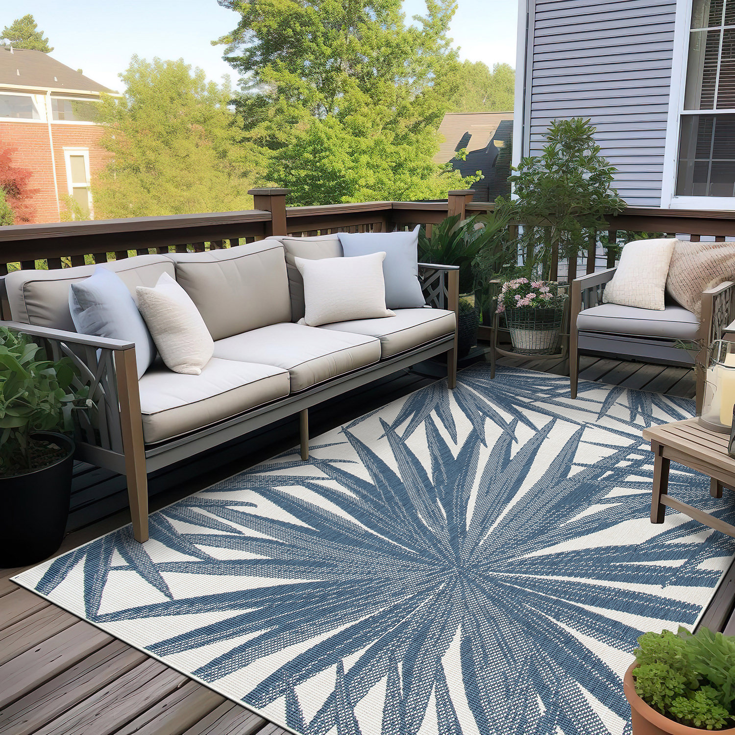 Rugshop Out Door Rugs Tropical Leaves Reversible Indoor Outdoor Carpet Blue Rugs - Picture 20 of 30