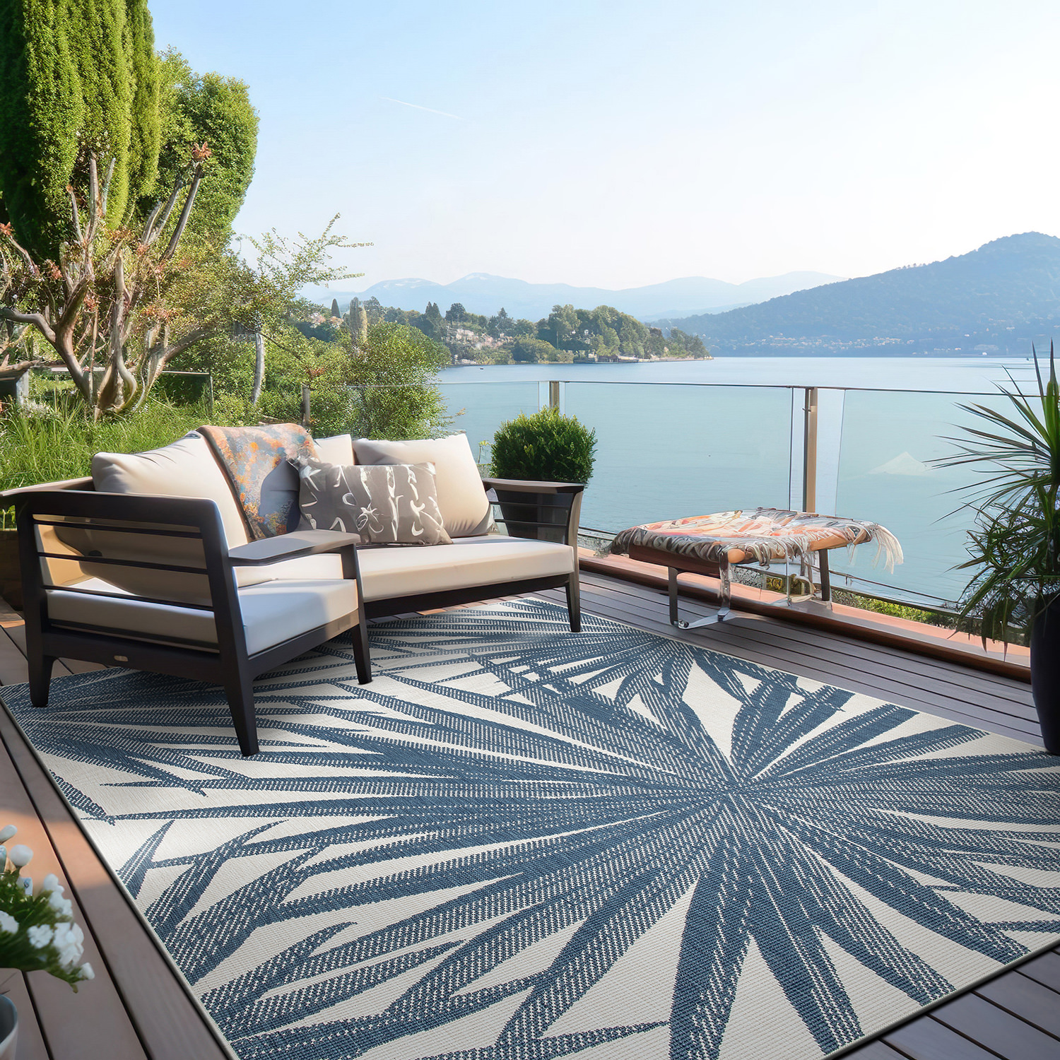 Rugshop Out Door Rugs Tropical Leaves Reversible Indoor Outdoor Carpet Blue Rugs - Picture 17 of 30