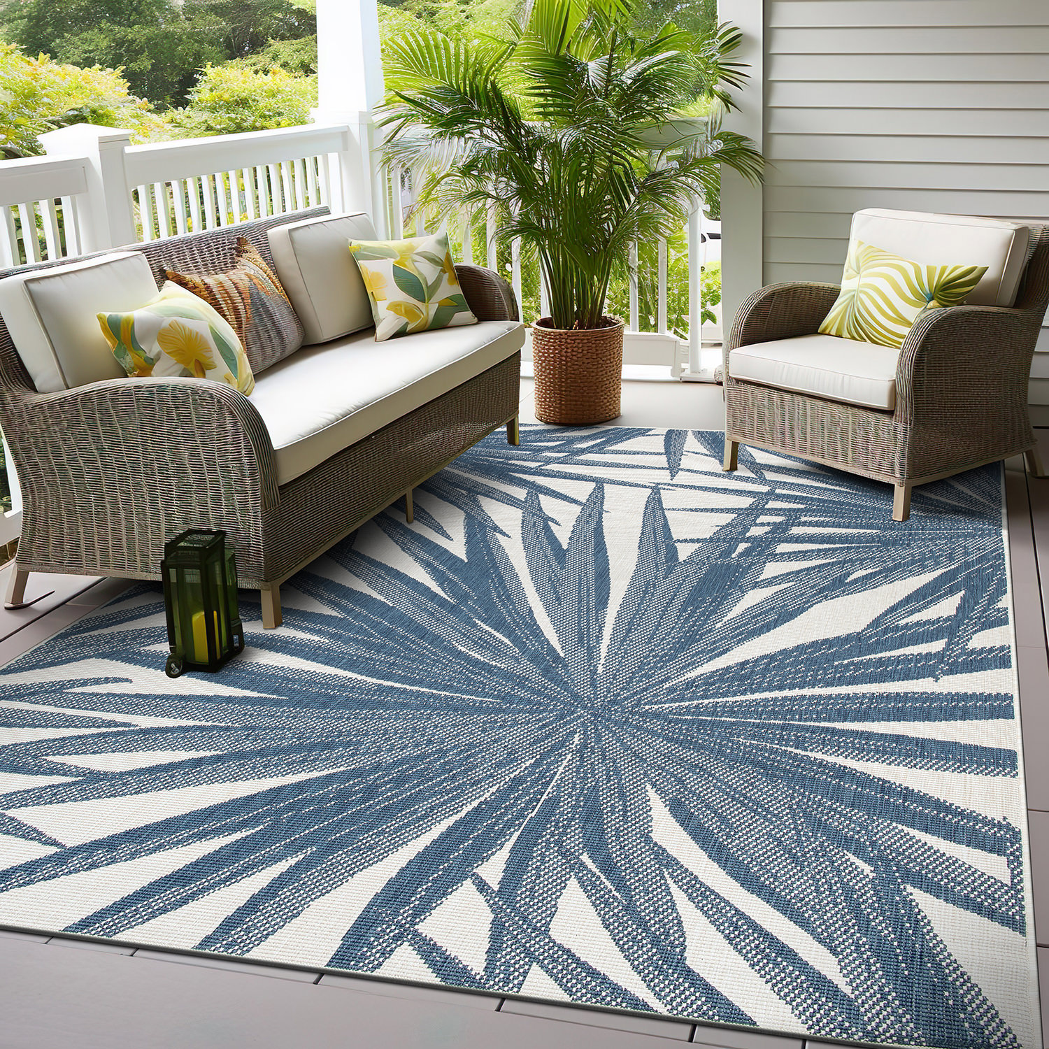 Rugshop Out Door Rugs Tropical Leaves Reversible Indoor Outdoor Carpet Blue Rugs - Picture 18 of 30
