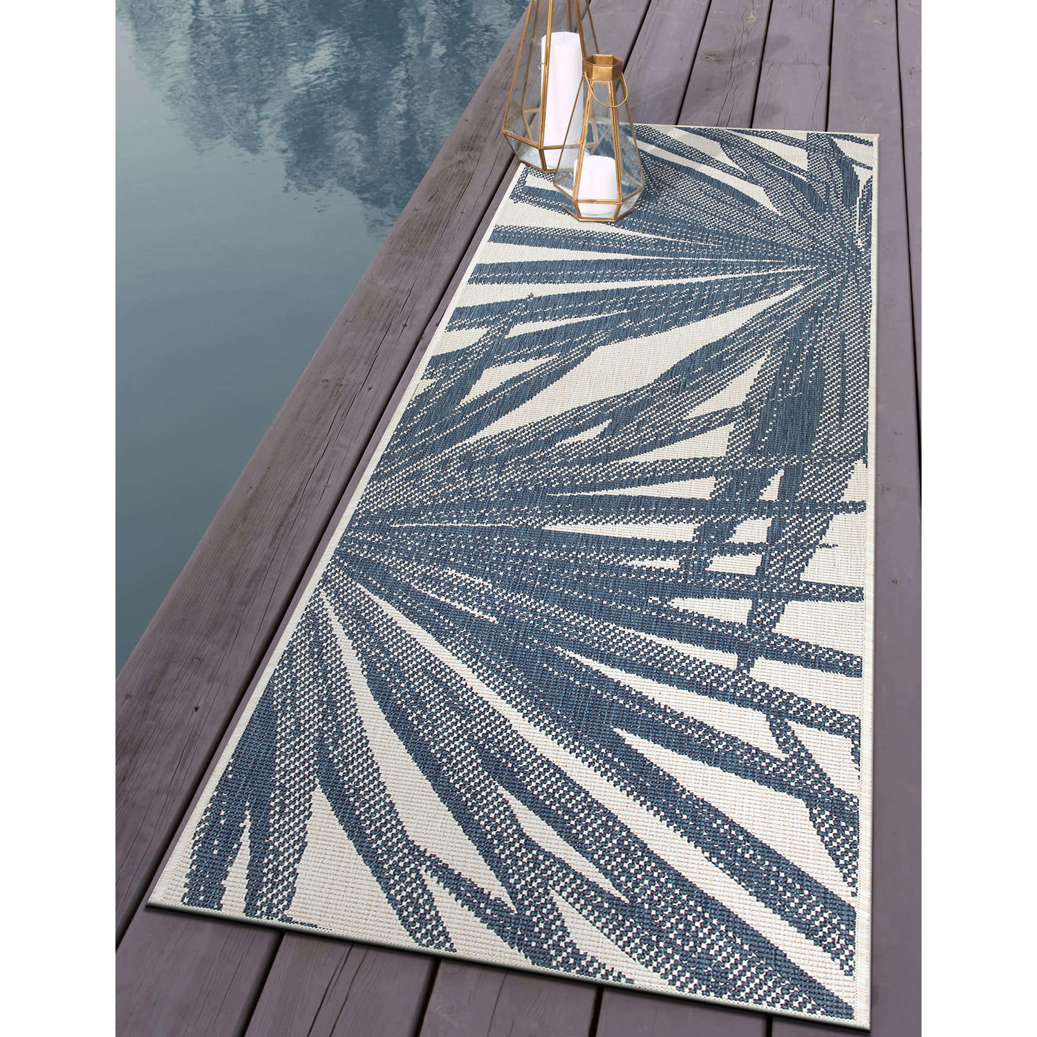 Rugshop Out Door Rugs Tropical Leaves Reversible Indoor Outdoor Carpet Blue Rugs - Picture 9 of 30