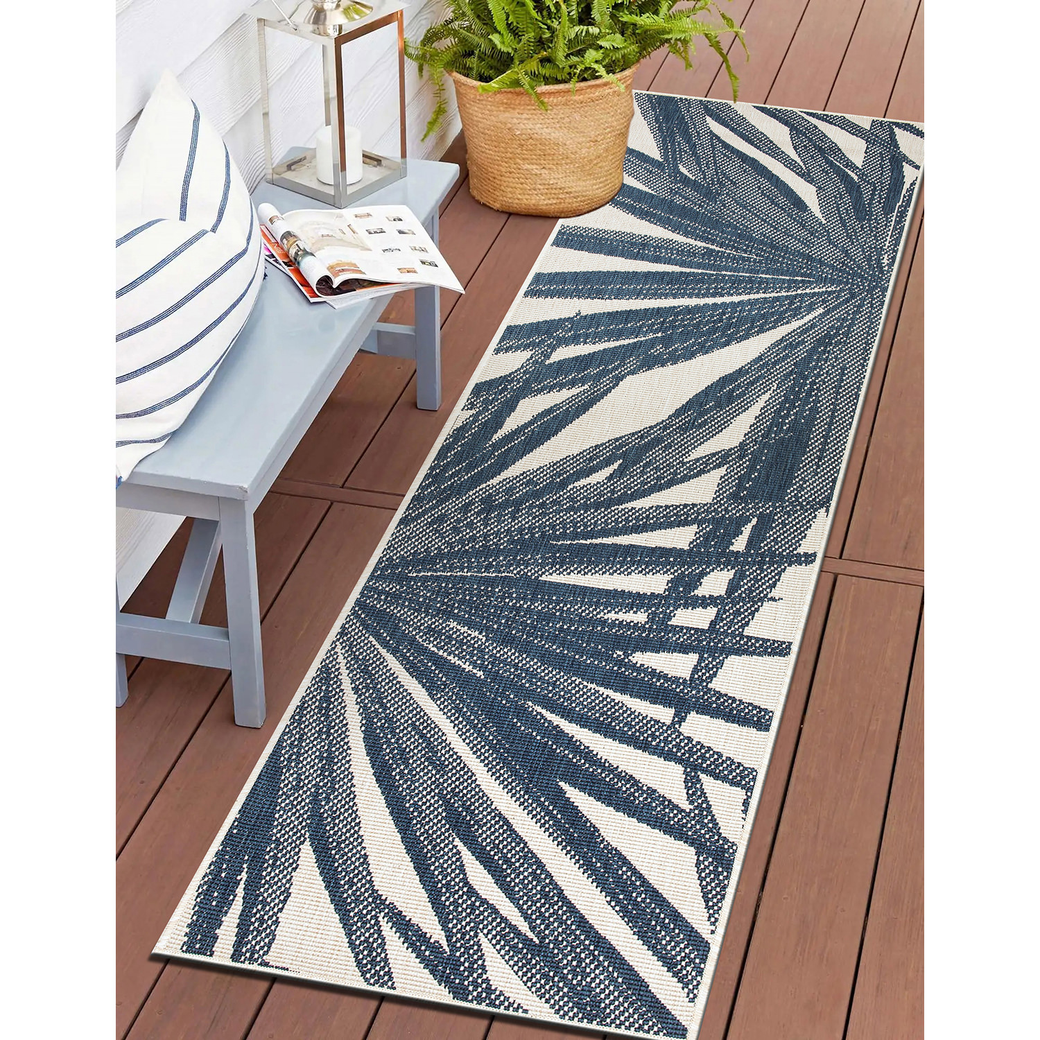 Rugshop Out Door Rugs Tropical Leaves Reversible Indoor Outdoor Carpet Blue Rugs - Picture 8 of 30