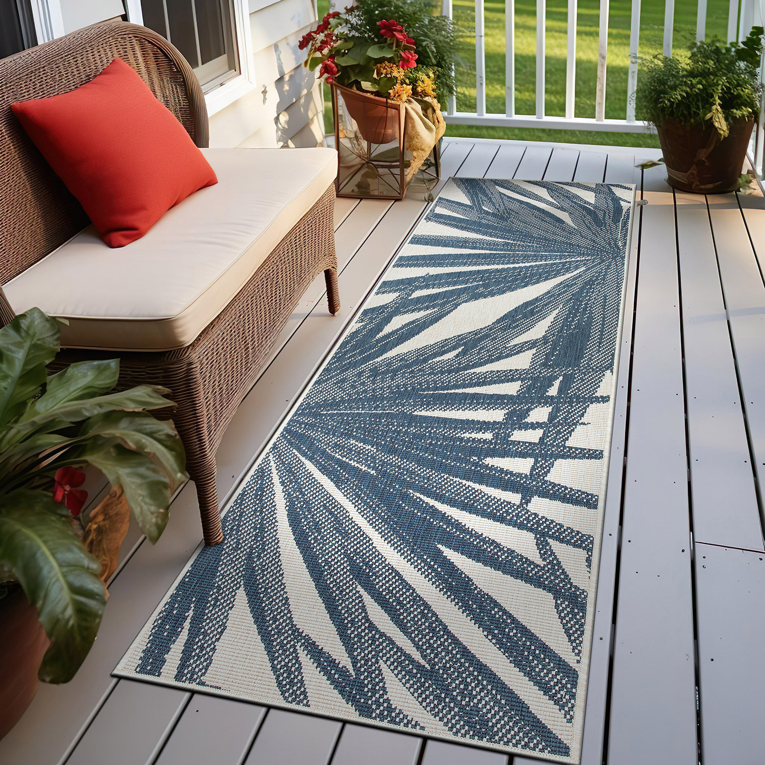 Rugshop Out Door Rugs Tropical Leaves Reversible Indoor Outdoor Carpet Blue Rugs - Picture 10 of 30